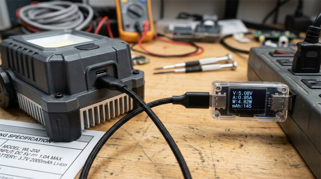 A Type-C lamp is tested with a USB power meter to verify its real charging input.