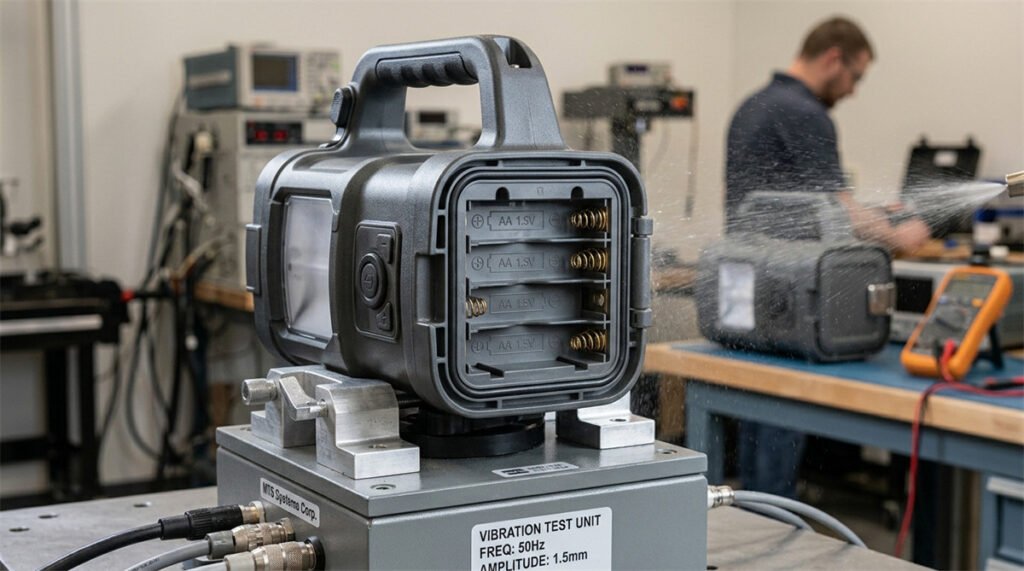 A removable battery compartment is tested for latch strength, contact stability, and sealing.