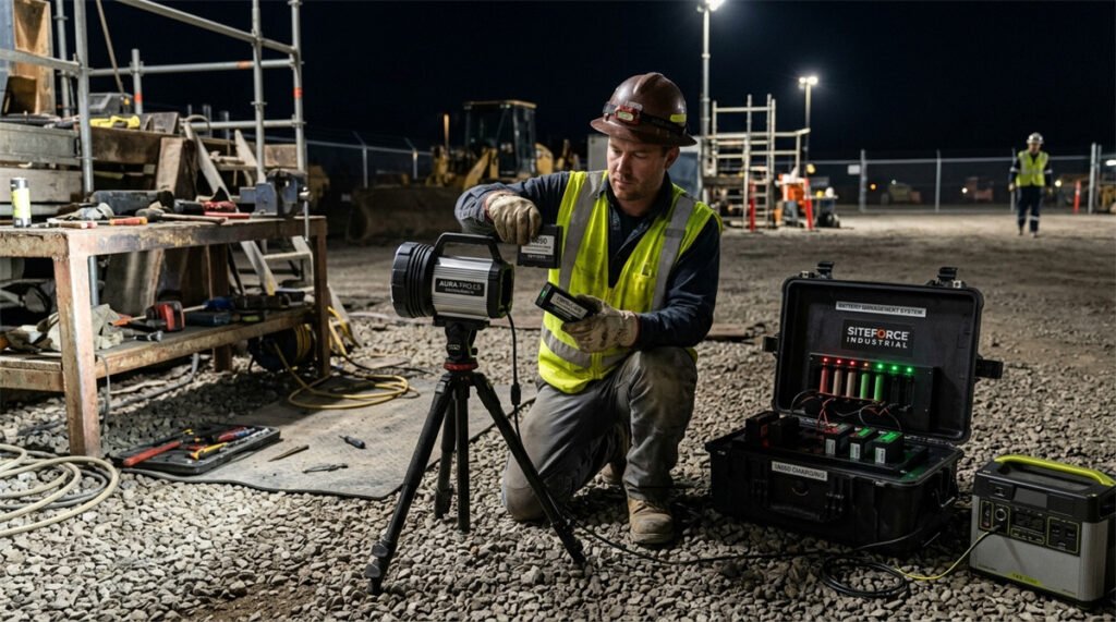 A night-shift worker swaps a searchlight battery pack while a spare pack charges nearby.