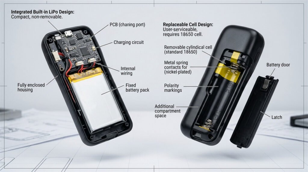 Cutaway products reveal the structural differences between built-in and replaceable battery systems.