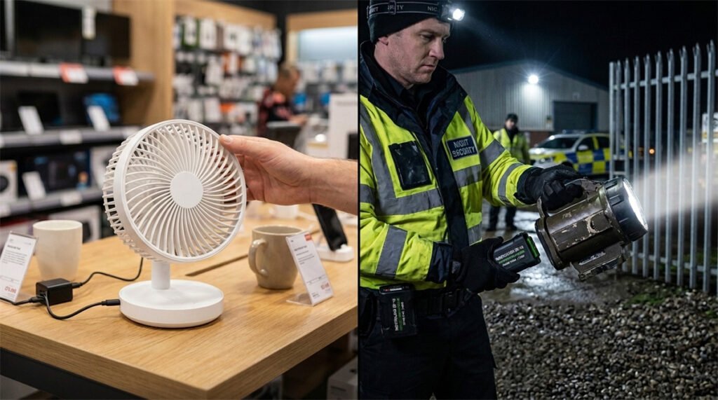 A compact fan with a built-in battery contrasts with a patrol searchlight using a removable pack.