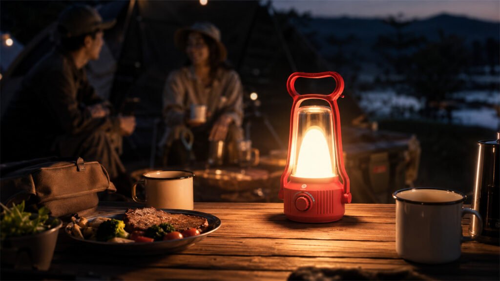 A rechargeable camping lantern creates warm white light over a relaxed evening campsite meal.