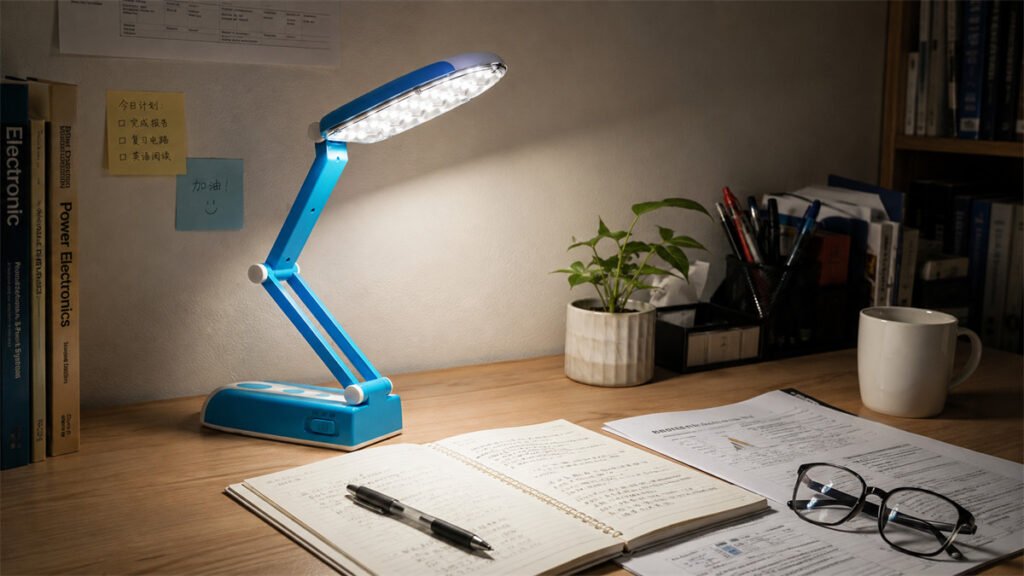 A rechargeable desk lamp provides balanced neutral white light for reading and writing.