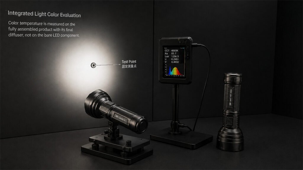Finished rechargeable lights are checked for color temperature consistency through their final diffusers.