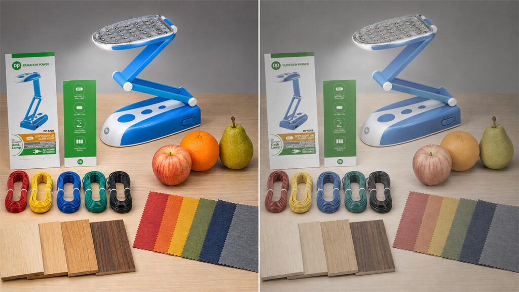 Two neutral-white desk lamps show different color rendering on fruit, wires, and fabric.