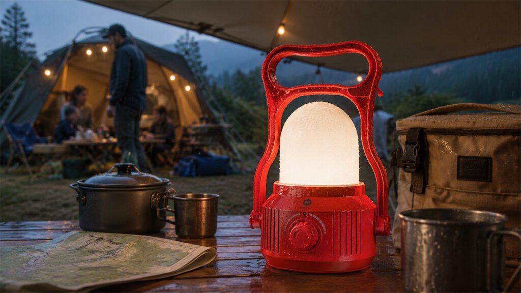 A rechargeable camping lantern continues operating during light splashes at a sheltered campsite.