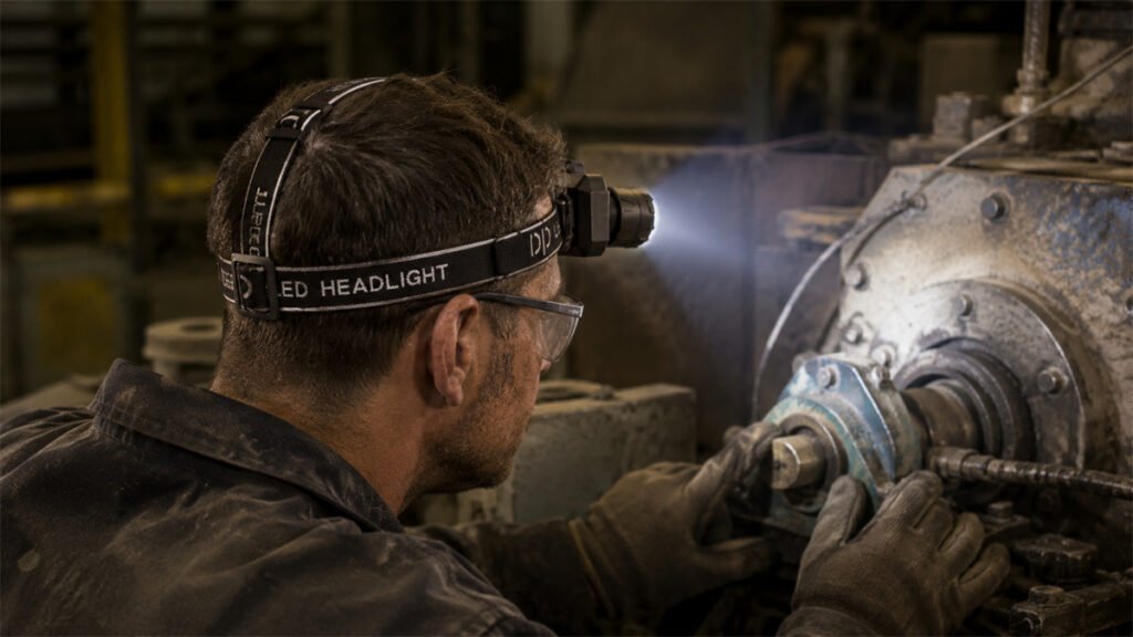A rechargeable headlamp operates in a dusty work environment where enclosure sealing matters.
