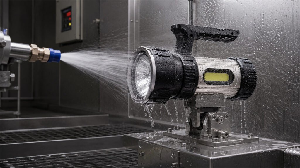 A rechargeable searchlight undergoes a controlled water-jet test with all enclosure covers closed.
