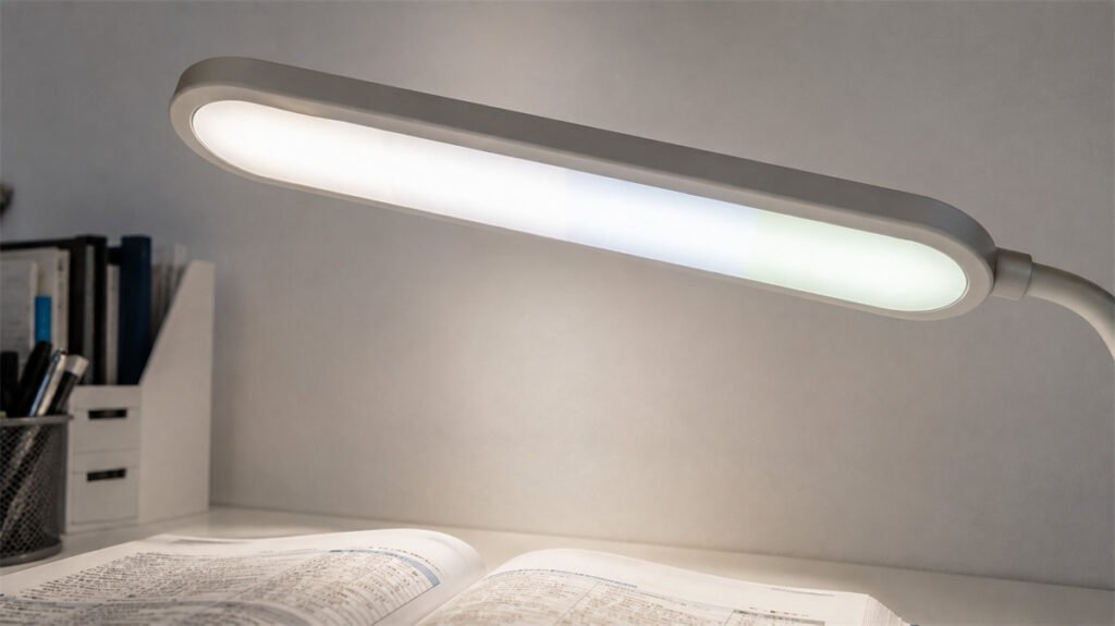 A multi-LED desk lamp reveals visible white-light zones when sections of its LED array do not match closely.