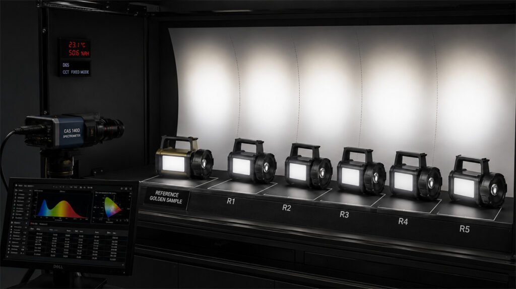 A retained golden sample is used to compare white-light consistency with a new rechargeable-light production batch.