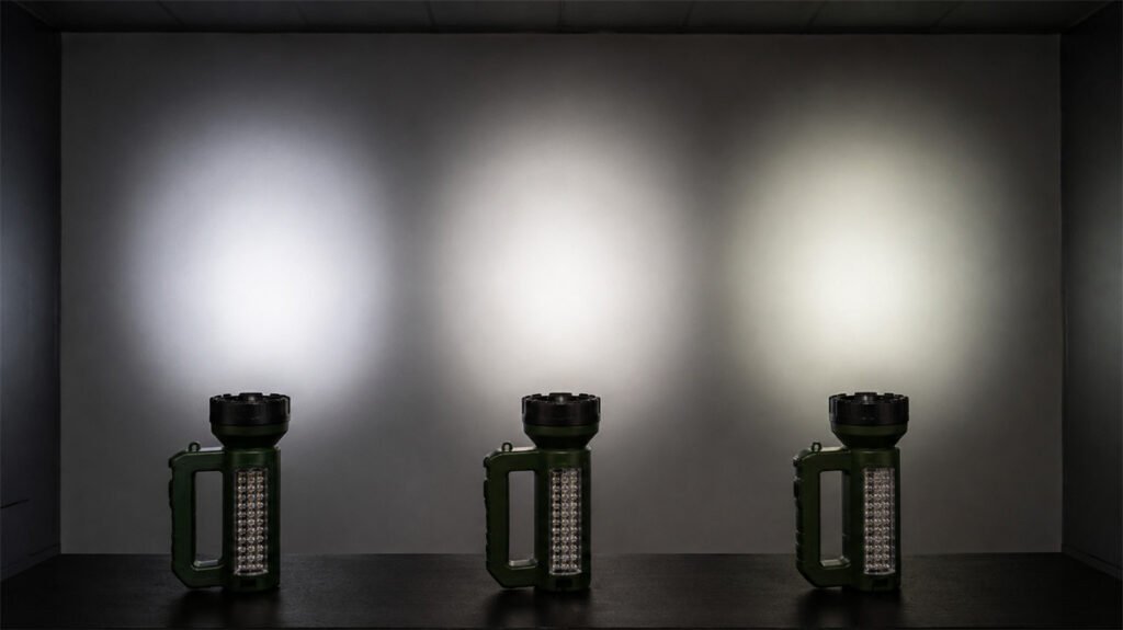 Three identical rechargeable lights show subtle white-light tint differences despite the same nominal 6500K target.
