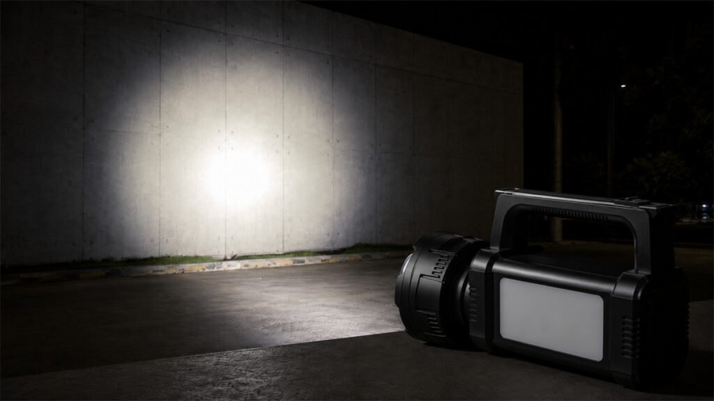 A rechargeable searchlight beam shows how reflector and lens design can make small color differences more visible.