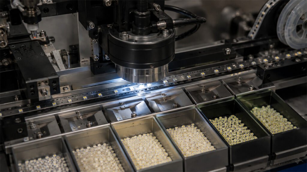 SMD LEDs are optically measured and sorted into controlled groups before assembly into rechargeable lights.