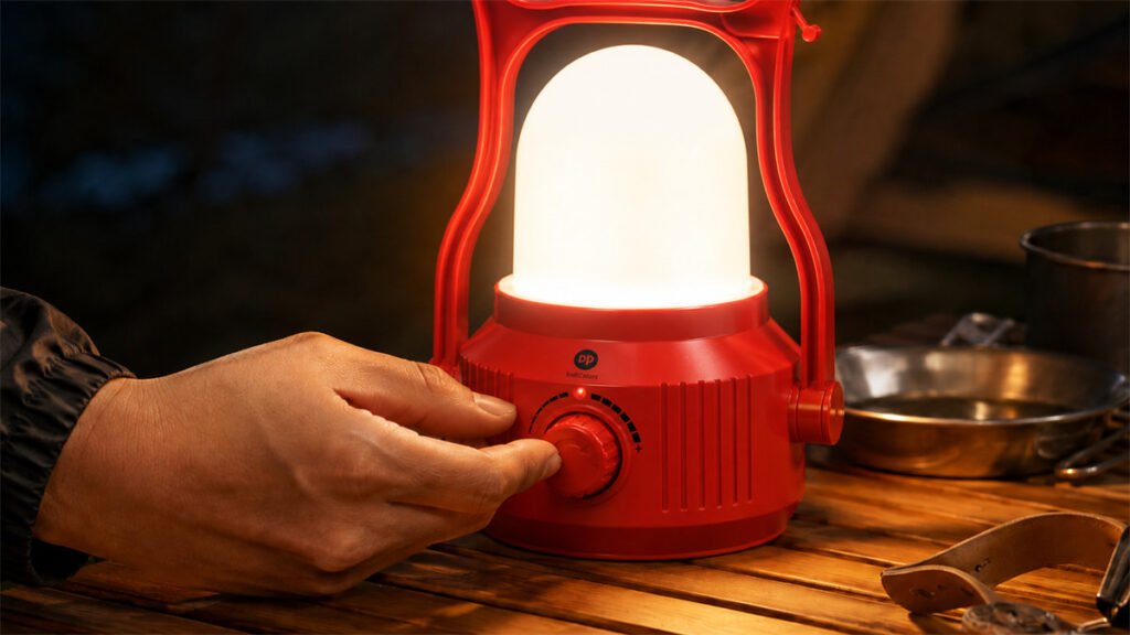 A camping lantern uses a dedicated rotary control for smooth brightness adjustment at close range.