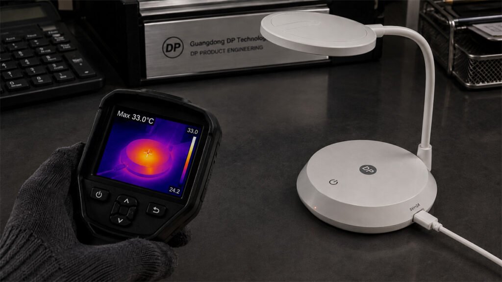 A rechargeable desk lamp shows localized warmth around its charging circuit during battery charging.