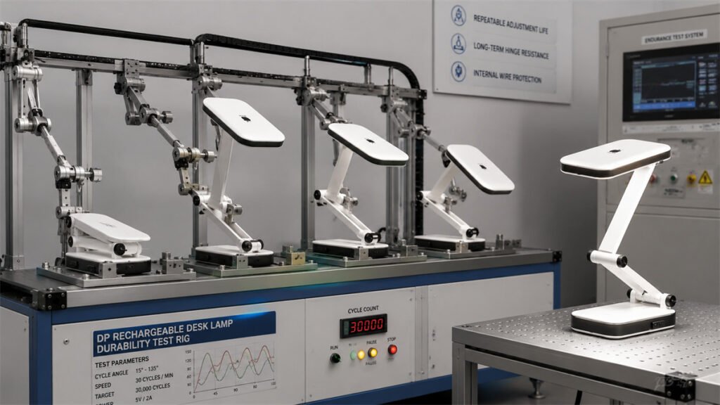 DP rechargeable desk lamps undergo repeated folding tests to check hinge looseness and wire durability.