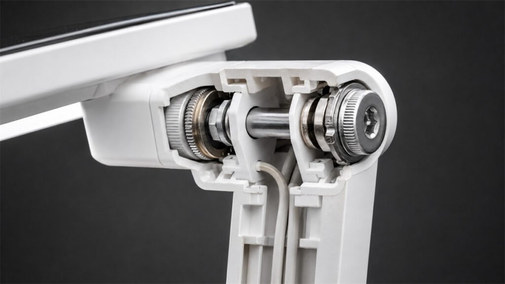 A DP desk lamp hinge cutaway shows the parts that control smooth movement and angle holding.