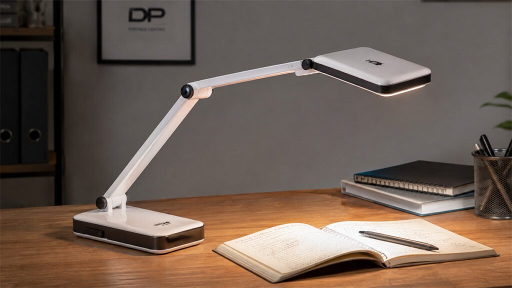 A fully extended DP rechargeable desk lamp remains stable without lifting or tipping at the front edge.