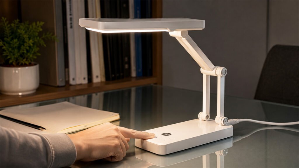 A DP desk lamp stays in position while its touch control is used and the charging cable is connected.