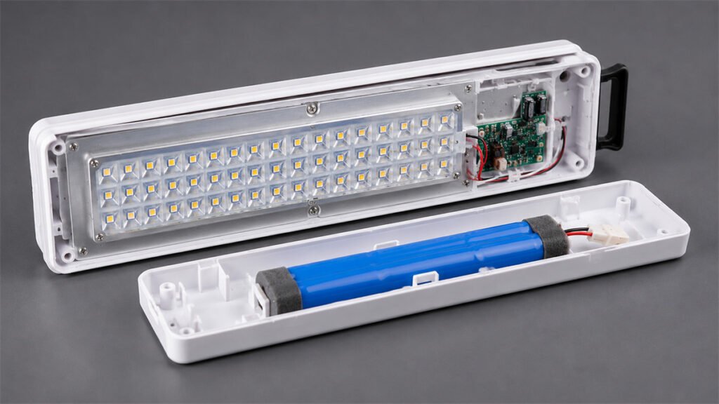 An ABS emergency light uses an internal metal support to move LED heat away from the battery area.