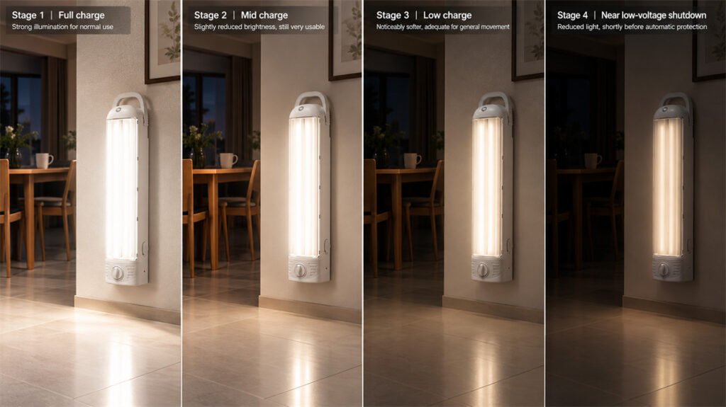 An emergency light gradually reduces brightness while remaining useful as the battery level falls.