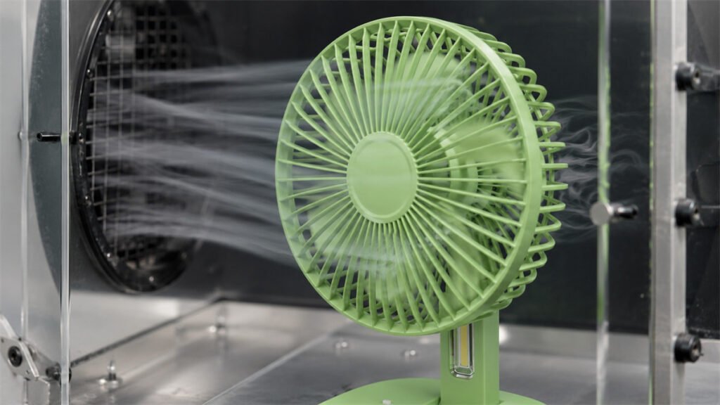 Airflow around a DP fan blade and grille reveals where turbulence and air-cutting noise can develop.
