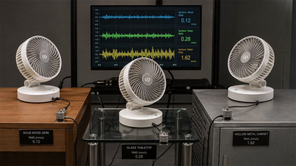 The same DP fan produces different vibration behavior on wood, glass, and hollow metal surfaces