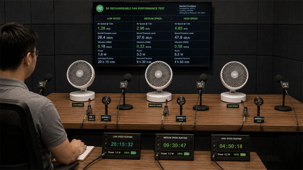 DP rechargeable fans undergo synchronized airflow, sound, vibration, and runtime tests at each speed.