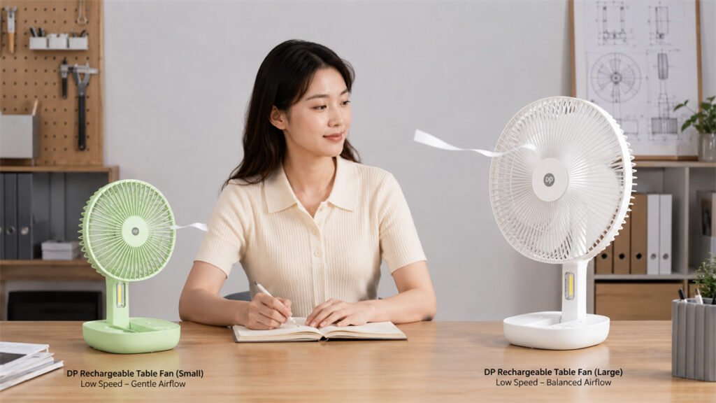 Two DP rechargeable fans show the difference between low sound and useful airflow at the same distance.