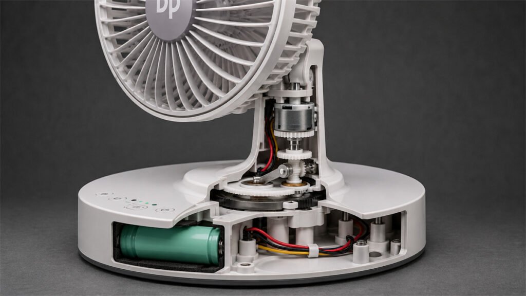 A DP oscillating fan cutaway shows the gear and turntable structure responsible for reversal-point sound.