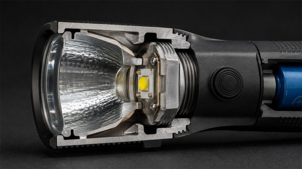 A flashlight cutaway shows heat moving from the LED board into its metal front housing.