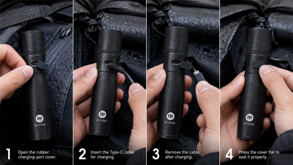 A rechargeable flashlight port cover is opened, charged, and reseated to restore the intended seal.