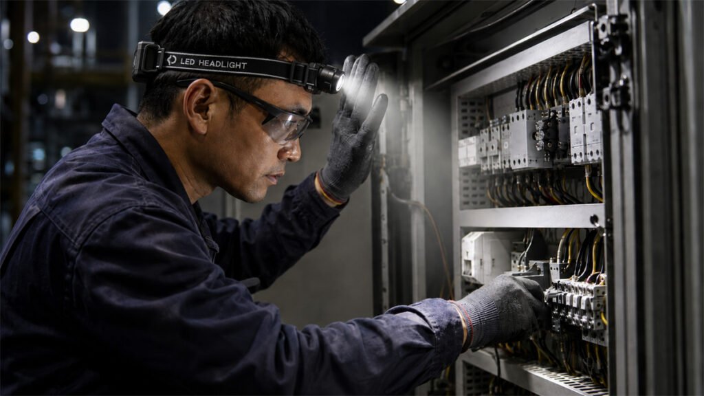 A rechargeable headlamp uses motion sensing to provide hands-free lighting during repair work.