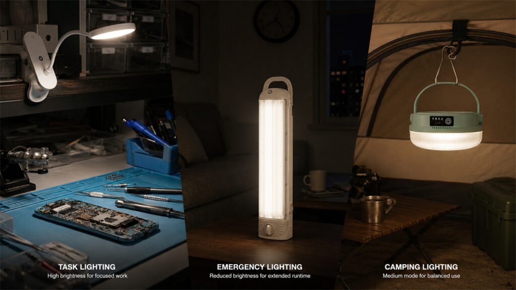 Rechargeable lights use different strategies to balance brightness, runtime, and intended application.