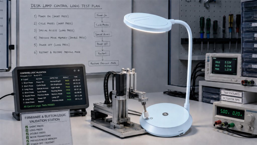 A rechargeable light undergoes button-sequence and mode-memory testing before production approval.