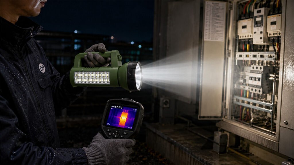 A high-output flashlight becomes warm near the LED head while the grip remains comfortable during extended use.