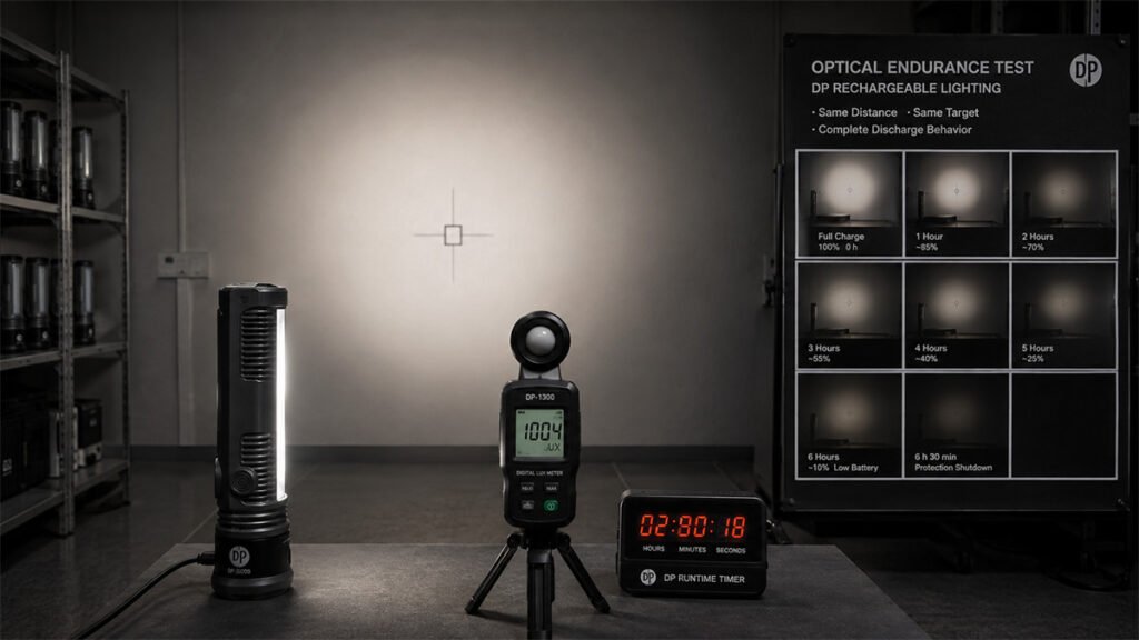 A rechargeable light is tracked through full output, useful dimming, low-battery warning, and shutdown.