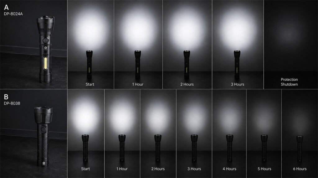 Two rechargeable lights show different brightness behavior as their batteries discharge.