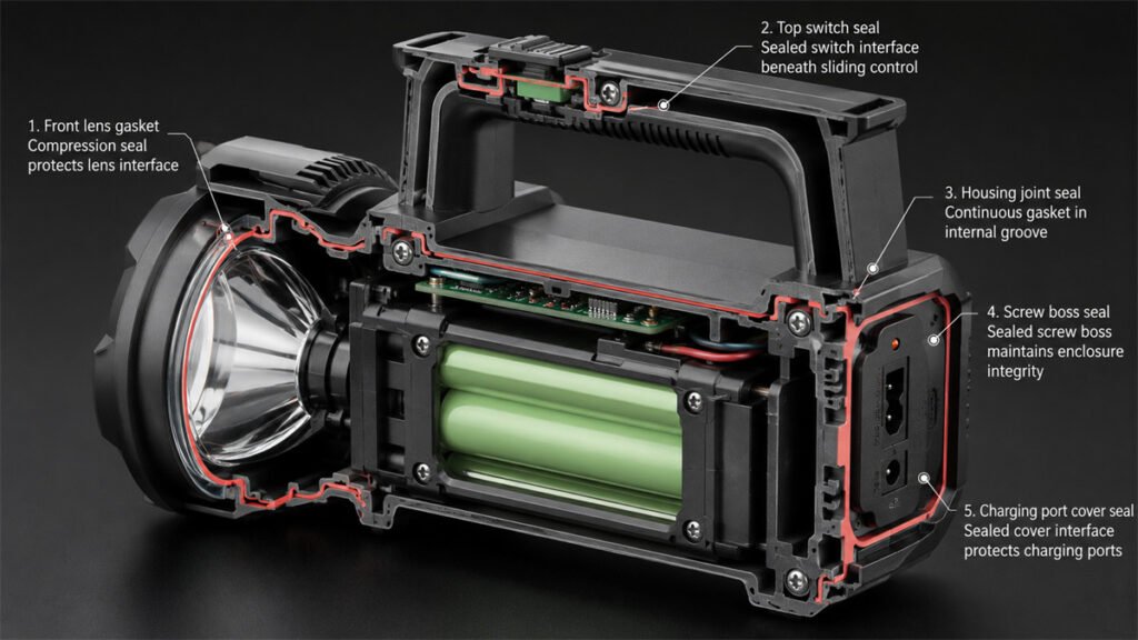A rechargeable searchlight cutaway reveals the gasket, lens seal, button cover, screws, and housing seams.