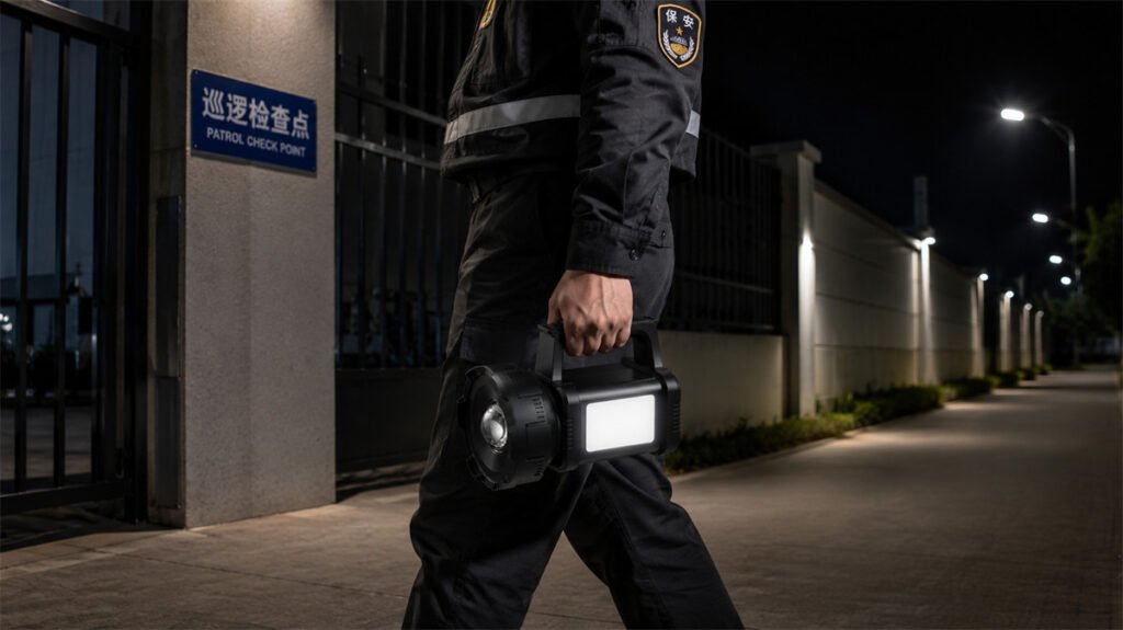 A rechargeable searchlight is carried comfortably during a long night patrol.