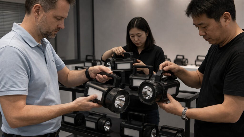 Rechargeable searchlight samples are checked for grip comfort and handle usability.