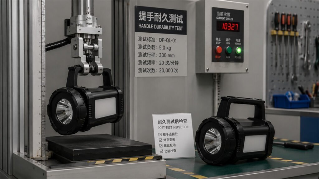 A rechargeable searchlight handle undergoes repeated lifting and carry-cycle testing.
