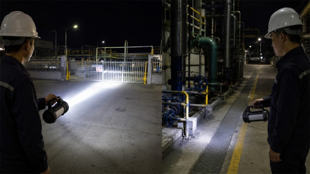 A rechargeable searchlight uses maximum output for demanding work and a lower mode for extended operation.