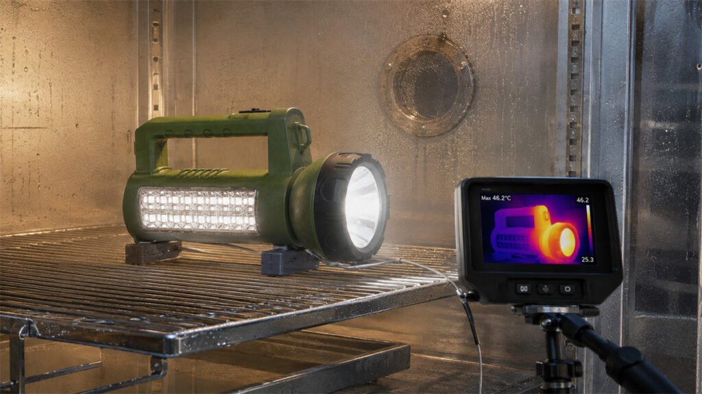 A sealed rechargeable searchlight transfers LED heat through its housing without relying on open ventilation.