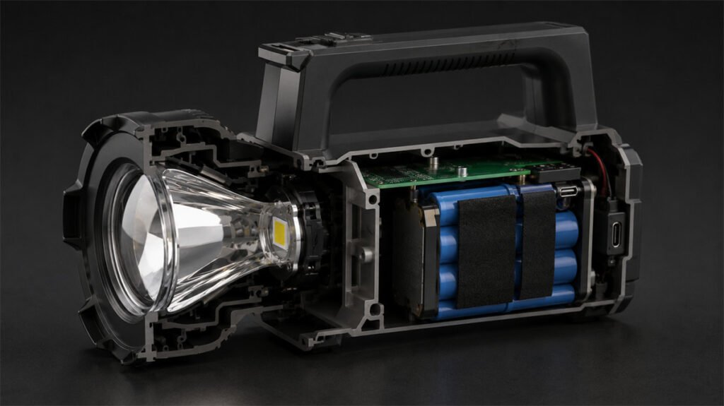 A searchlight cutaway shows how battery placement and handle position affect balance.