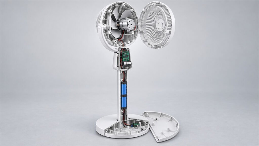 An ABS fan housing integrates ribs, screw bosses, battery supports, and cable channels into one molded structure.