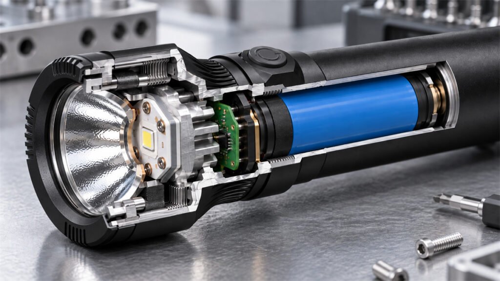 An aluminum flashlight body links the LED module, thermal interface, threads, and outer housing into one structural path.