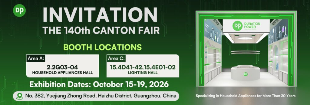 Duration Power 140th Canton Fair horizontal banner for Household Appliances and Lighting Hall booths in Guangzhou.