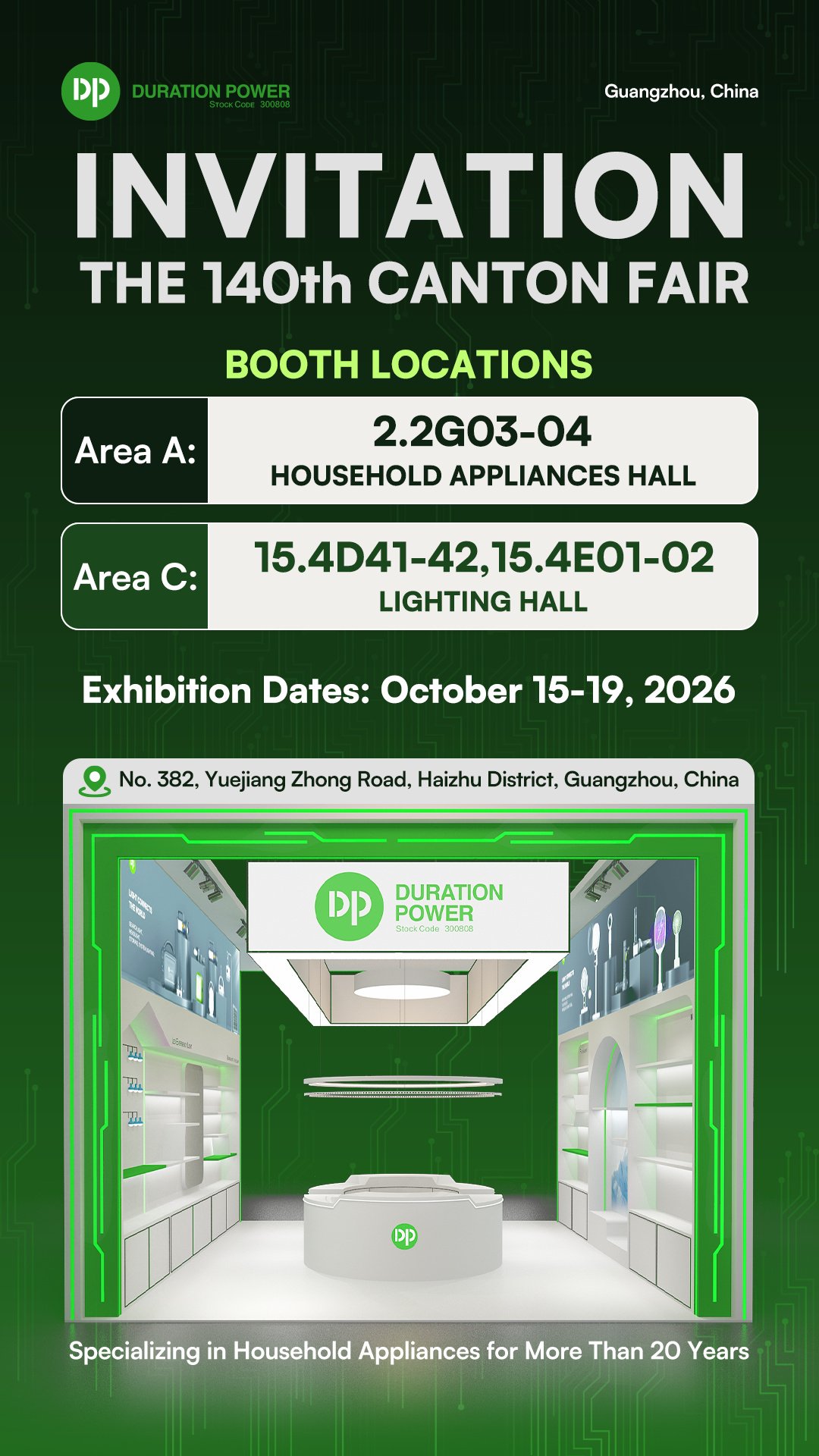 Duration Power 140th Canton Fair vertical poster detailing booth 2.2G03-04 and 15.4D41-42 for Oct 15-19, 2026.