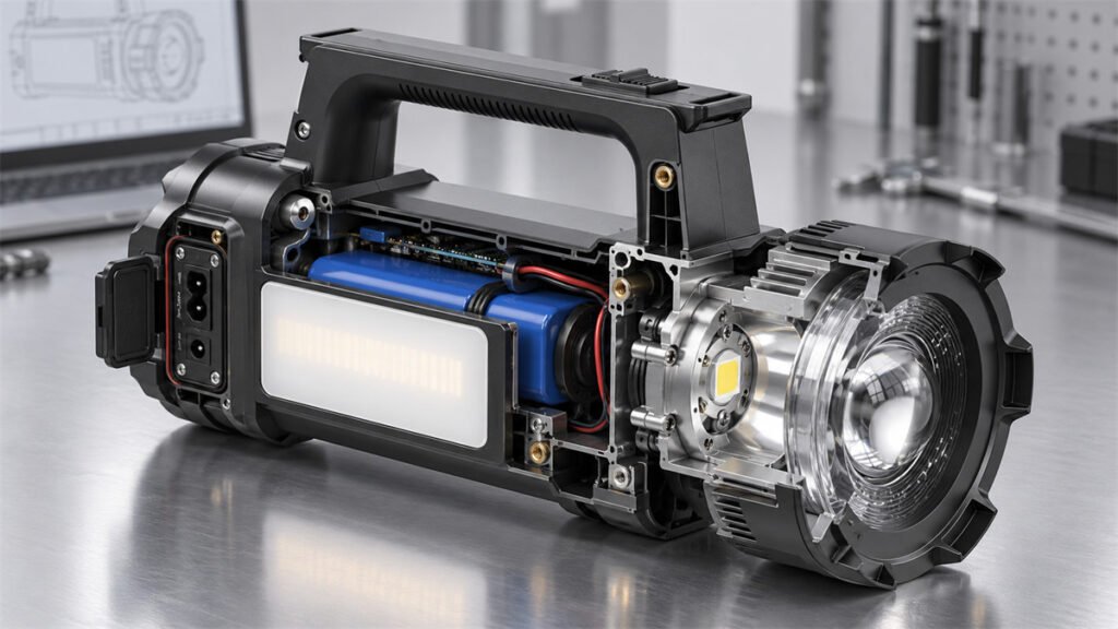 A rechargeable searchlight combines molded plastic, metal, a clear lens, rubber seals, and steel fasteners in one housing system.